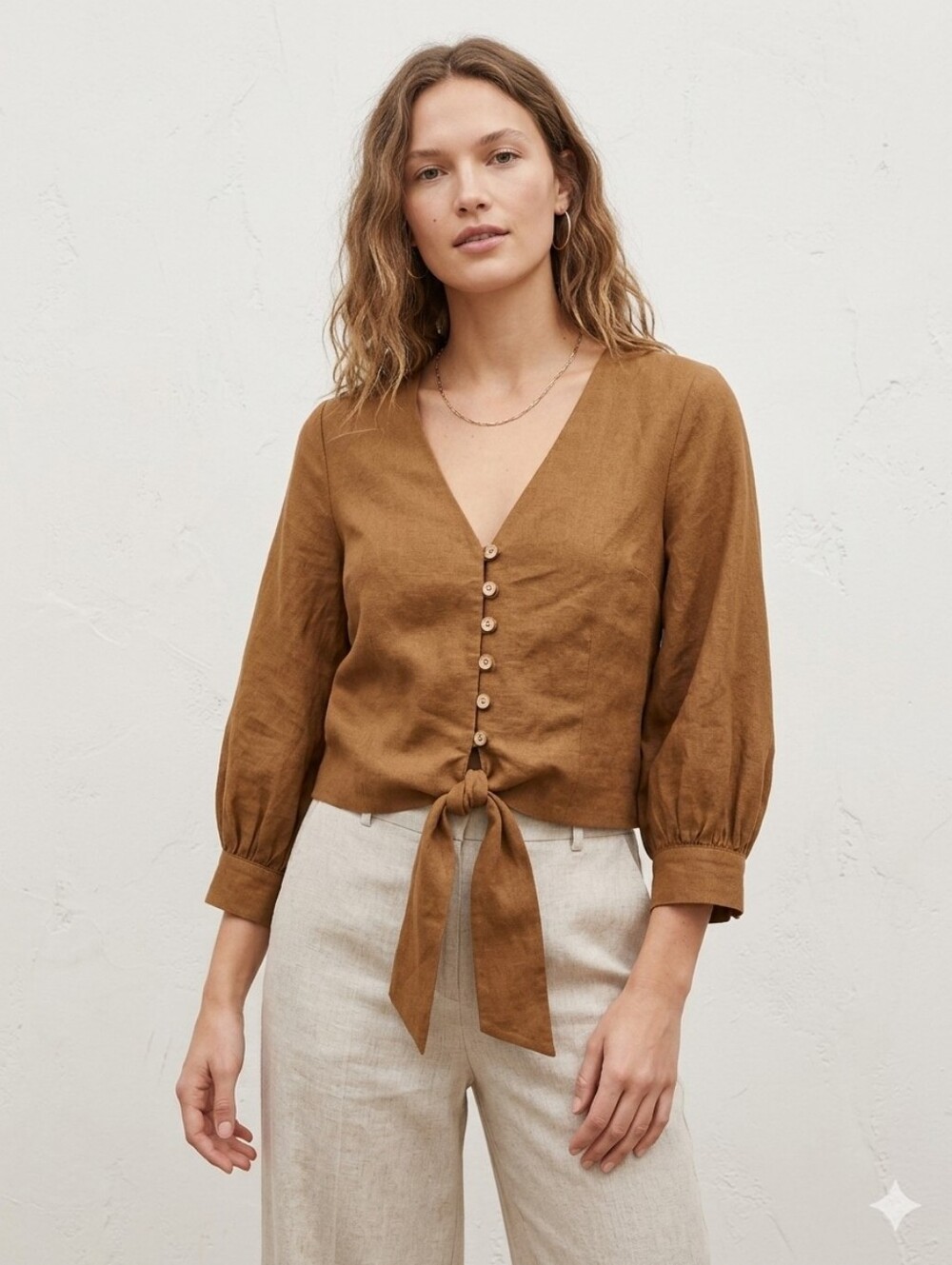 Joie Brown Linen Blend Puffy Sleeve V-Neck Blouse